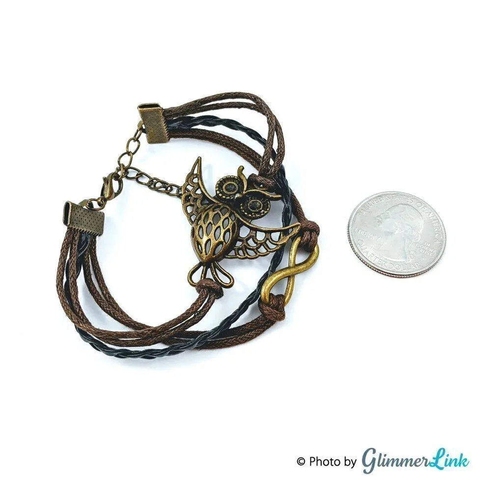 Multi Strand Faux Leather Owl Charm Infinity Bracelet